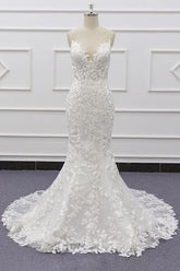 Chic Spaghetti Straps Sleeveless Mermaid Wedding Dresses White Lace Bridal Gowns With Appliques On Sale-27dress