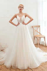 Chic Spaghetti Straps V-Neck Ivory Tulle Wedding Dresses with Appliques-27dress