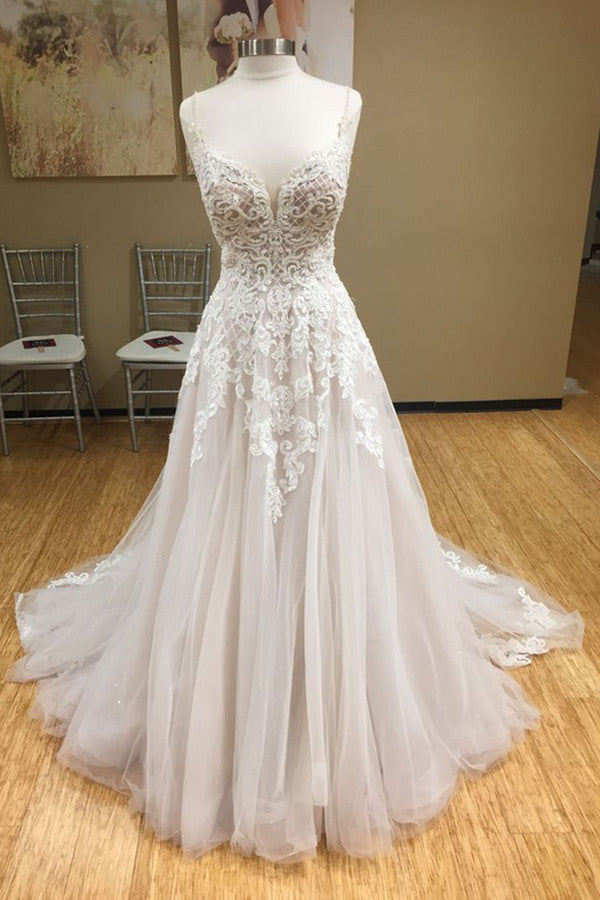 Chic Spaghetti-Straps V-Neck Tulle Wedding Dress Appliques Sleeveless Bridal Gowns with Beadings Online-27dress