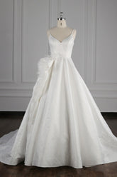 Chic Spaghetti Straps V-neck Wedding Dress Satin Appliques Bow Bridal Gowns Online-27dress