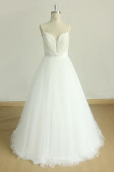 Chic Spaghetti Straps V-Neck Wedding Dresses White Tulle Appliques Bridal Gowns Online-27dress