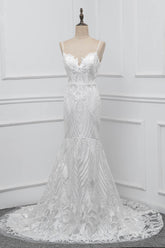 Chic Spaghetti Straps V-Neck White Wedding Dresses Appliques Sleeveless Bridal Gowns On Sale-27dress