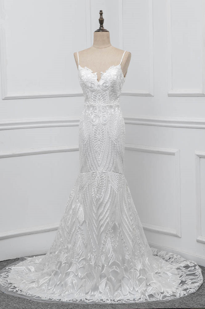 Chic Spaghetti Straps V-Neck White Wedding Dresses Appliques Sleeveless Bridal Gowns On Sale-27dress