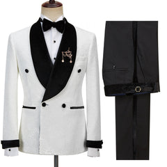 Chic Sparkle Shawl Lapel Jacquard Double Breasted White Wedding Suits