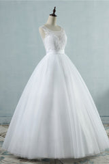 Chic Square Neckling Sleeveless Wedding Dresses White Tulle Lace Bridal Gowns On Sale-27dress
