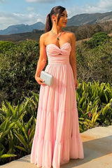 Chic Strapless Sleeveless Long Prom Dress With Pleated Ruffles