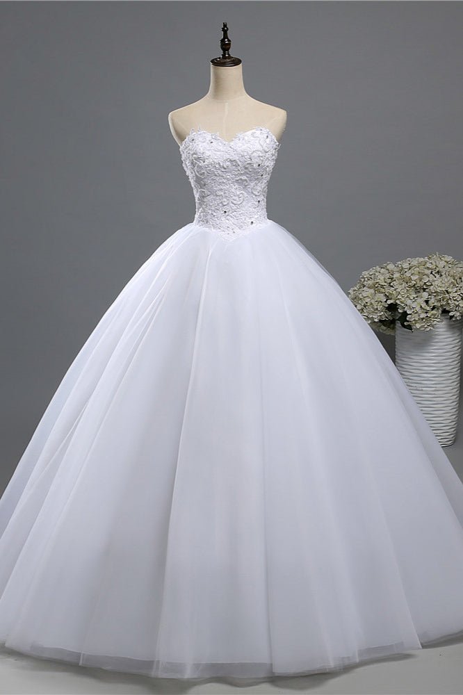 Chic Strapless Sweetheart Tulle Lace Wedding Dresses Sleeveless Appliques Bridal Gowns with Beadings-27dress