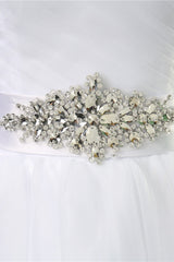 Chic Strapless Sweetheart White Tulle Wedding Dress Sleeveless Beadings Bridal Gowns with Sash-27dress