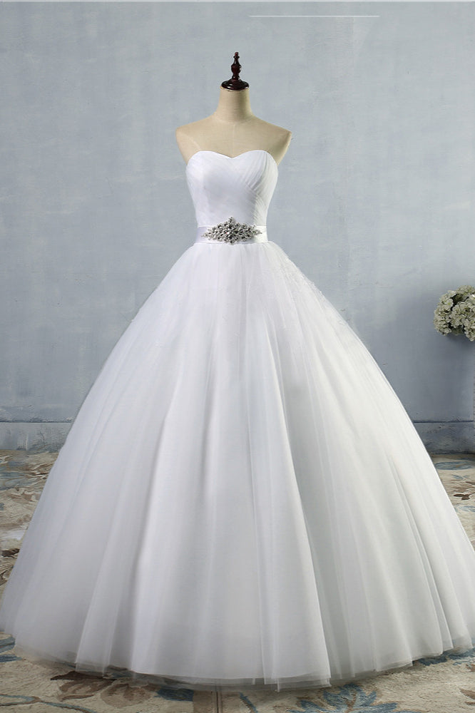 Chic Strapless Sweetheart White Tulle Wedding Dress Sleeveless Beadings Bridal Gowns with Sash-27dress
