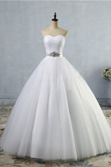 Chic Strapless Sweetheart White Tulle Wedding Dress Sleeveless Beadings Bridal Gowns with Sash-27dress