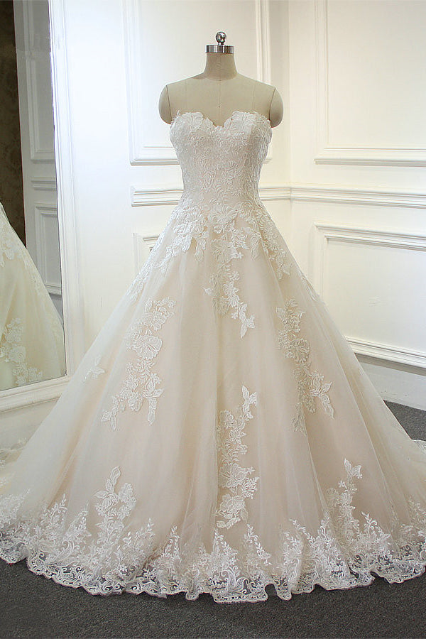 Chic Strapless Tulle Lace Wedding Dress A-Line Sweetheart Appliques Sleeveless Bridal Gowns On Sale-27dress
