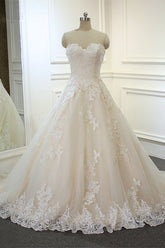 Chic Strapless Tulle Lace Wedding Dress A-Line Sweetheart Appliques Sleeveless Bridal Gowns On Sale-27dress