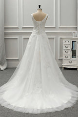 Chic Straps Jewel Tulle Lace Wedding Dress Sleeveless Appliques White Bridal Gowns On Sale-27dress