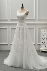Chic Straps Jewel Tulle Lace Wedding Dress Sleeveless Appliques White Bridal Gowns On Sale-27dress