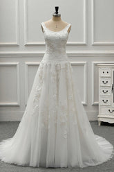 Chic Straps Jewel Tulle Lace Wedding Dress Sleeveless Appliques White Bridal Gowns On Sale-27dress