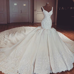 Chic Straps Mermaid Lace Wedding Dresses V-neck Sleeveless Bridal Gowns With Appliques Online-27dress