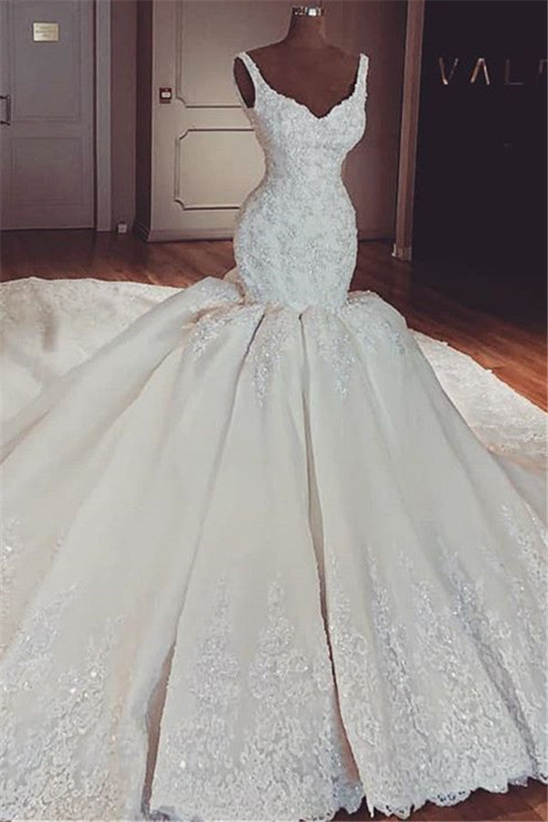 Chic Straps Mermaid Lace Wedding Dresses V-neck Sleeveless Bridal Gowns With Appliques Online-27dress