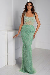 Chic Straps Sage Sleeveless Long Mermaid Prom Dress Unique Beading