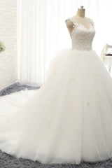 Chic Straps Sleeveless Tulle Wedding Dresses With Appliques White A-line Bridal Gowns Online-27dress