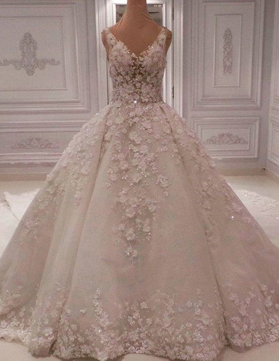 Chic Straps V-neck A-line Wedding Dresses With Appliques Ivory Sleeveless Bridal Gowns On Sale-27dress