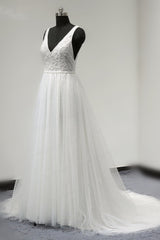 Chic Straps V-Neck White Tulle Lace Wedding Dress Sleeveless Ruffles Bridal Gowns On Sale-27dress
