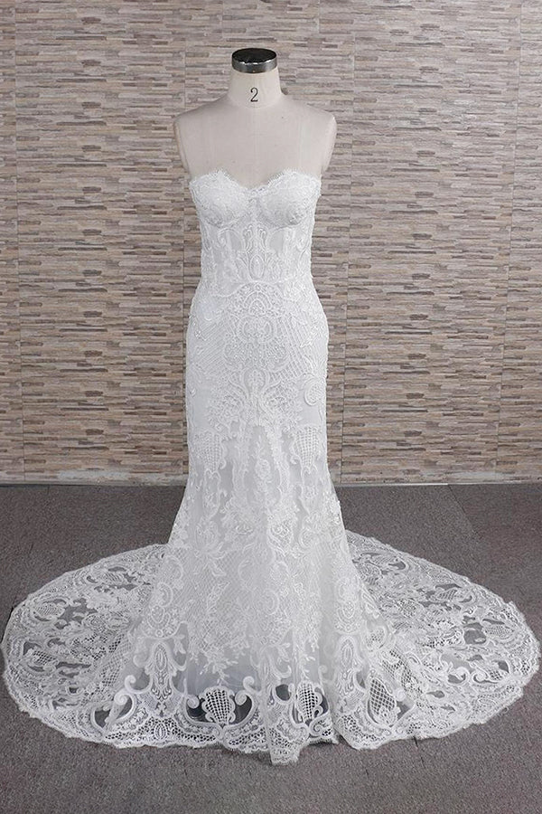 Chic Sweetheart Mermaid Lace Wedding Dresses White Sleeveless Bridal Gowns With Appliques On Sale-27dress