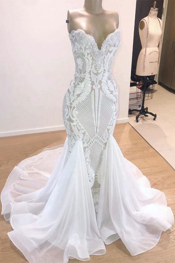 Chic Sweetheart White Mermaid Wedding Dresses With Appliques Tulle Ruffles Bridal Gowns On Sale-27dress