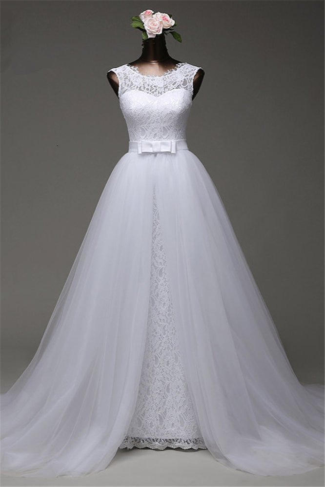 Chic Tulle Lace Jewel Mermaid Wedding Dresses with Overskirt Online-27dress