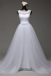 Chic Tulle Lace Jewel Mermaid Wedding Dresses with Overskirt Online-27dress