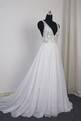 Chic Tulle Lace Ruffles White Wedding Dress Sleeveless V-Neck Appliques Bridal Gowns On Sale-27dress