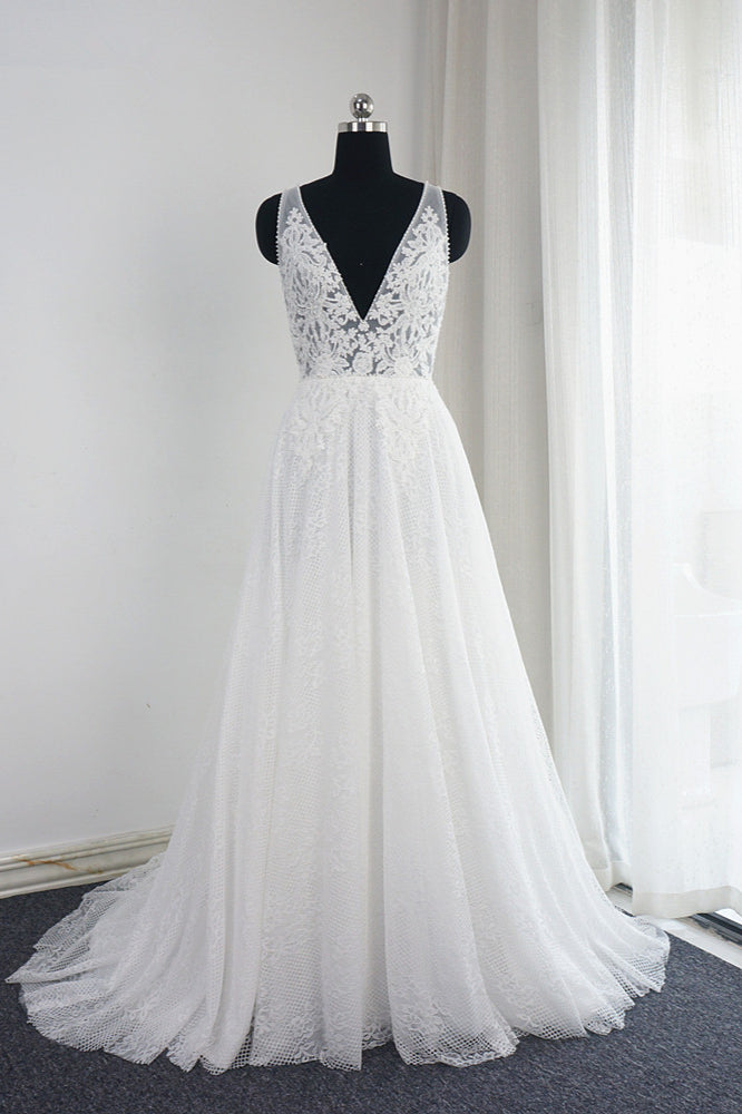Chic Tulle Lace Ruffles White Wedding Dress Sleeveless V-Neck Appliques Bridal Gowns On Sale-27dress