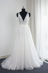 Chic Tulle Lace Ruffles White Wedding Dress Sleeveless V-Neck Appliques Bridal Gowns On Sale-27dress
