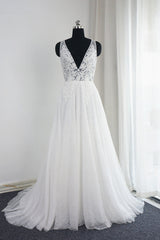 Chic Tulle Lace Ruffles White Wedding Dress Sleeveless V-Neck Appliques Bridal Gowns On Sale-27dress