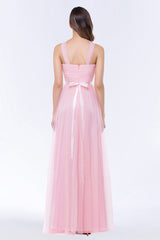 Chic Tulle Ruffle Halter Sleeveless Pearls Bridesmaid Dress with Sash-27dress