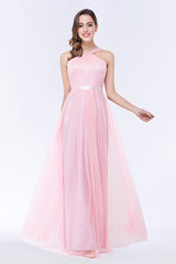 Chic Tulle Ruffle Halter Sleeveless Pearls Bridesmaid Dress with Sash-27dress