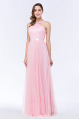 Chic Tulle Ruffle Halter Sleeveless Pearls Bridesmaid Dress with Sash-27dress