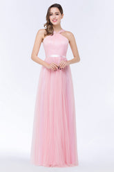 Chic Tulle Ruffle Halter Sleeveless Pearls Bridesmaid Dress with Sash-27dress