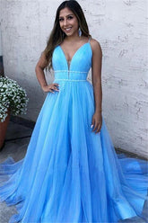 Chic Tulle Sky Blue Spaghetti Strap V Neck Sleeveless Long Evening Dress