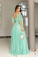 Chic Tulle Spaghetti Strap Deep V Neck Boho Prom Dress A Line With Sequins