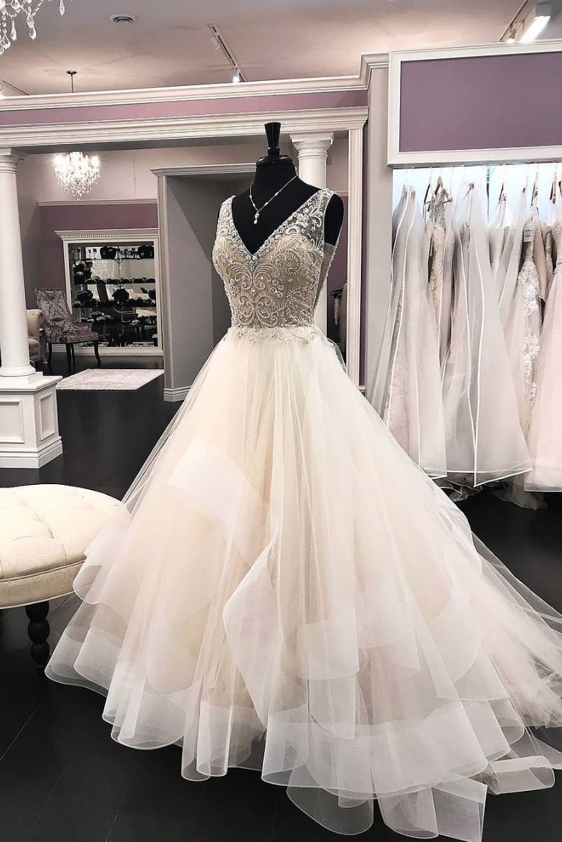 Chic Tulle V-Neck Sequins Wedding Dress Sweep Sleeveless Rhinestones Bridal Gowns On Sale-27dress
