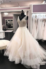 Chic Tulle V-Neck Sequins Wedding Dress Sweep Sleeveless Rhinestones Bridal Gowns On Sale-27dress