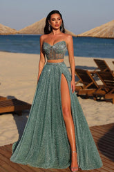 Chic Two Pieces Strapless Sleeveless Long Split Prom Dress With Beadings