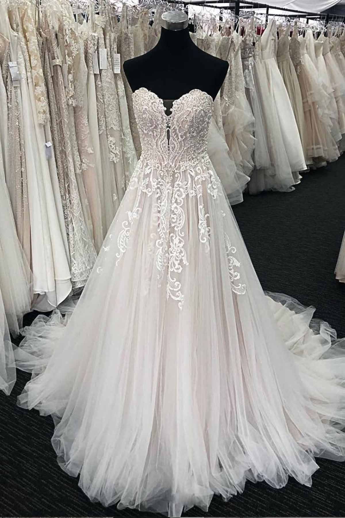 Chic Unique White Lace Long White Wedding Dress Sweetheart Appliques Bridal Gowns On Sale-27dress