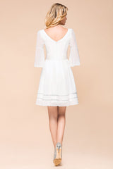 Chic V-Neck 3/4 Sleeves Short White Bridesmaid Dress with Sequins-27dress