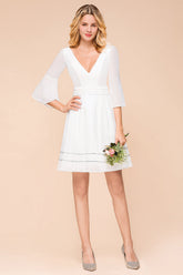 Chic V-Neck 3/4 Sleeves Short White Bridesmaid Dress with Sequins-27dress