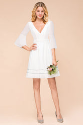 Chic V-Neck 3/4 Sleeves Short White Bridesmaid Dress with Sequins-27dress