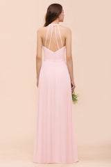 Chic V-Neck Blushing Pink Chiffon Affordable Bridesmaid Dress with Ruffle-27dress