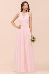Chic V-Neck Blushing Pink Chiffon Affordable Bridesmaid Dress with Ruffle-27dress