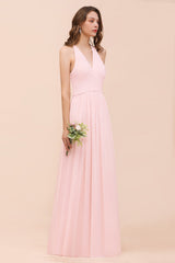 Chic V-Neck Blushing Pink Chiffon Affordable Bridesmaid Dress with Ruffle-27dress