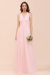 Chic V-Neck Blushing Pink Chiffon Affordable Bridesmaid Dress with Ruffle-27dress